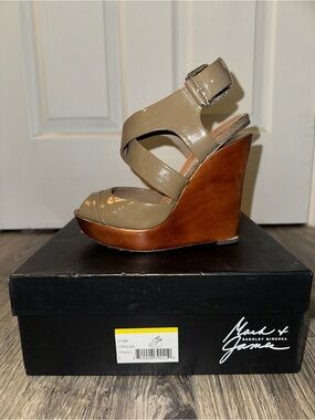 Mark and James Badgley Mischka Taupe Patent Leather Wedge Sandals
